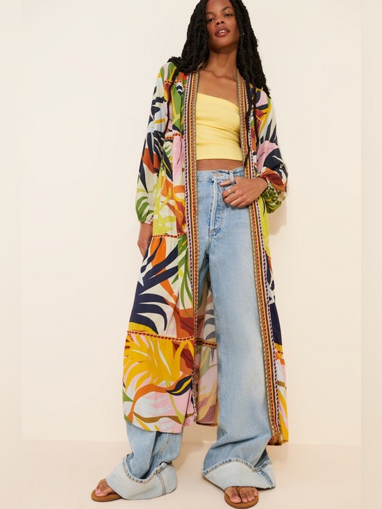 Anthropologie Sweaters - Anthropologie Conditions Apply Tropical Leaf Duster Boho Embroidered Trim Kimono